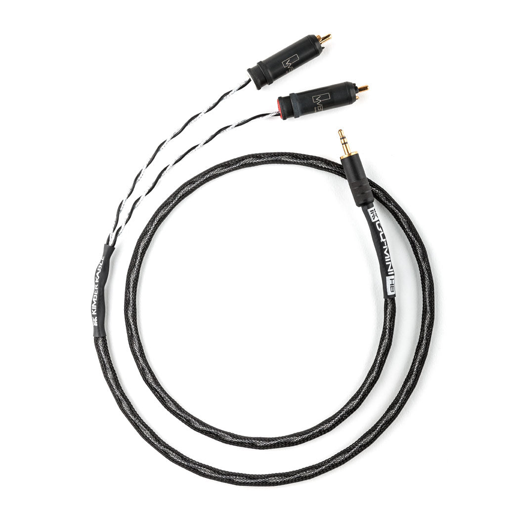 A black Kimber Kable GQ Mini HB cable with a 3.5mm mini plug on one end and stereo RCA connectors on the other.